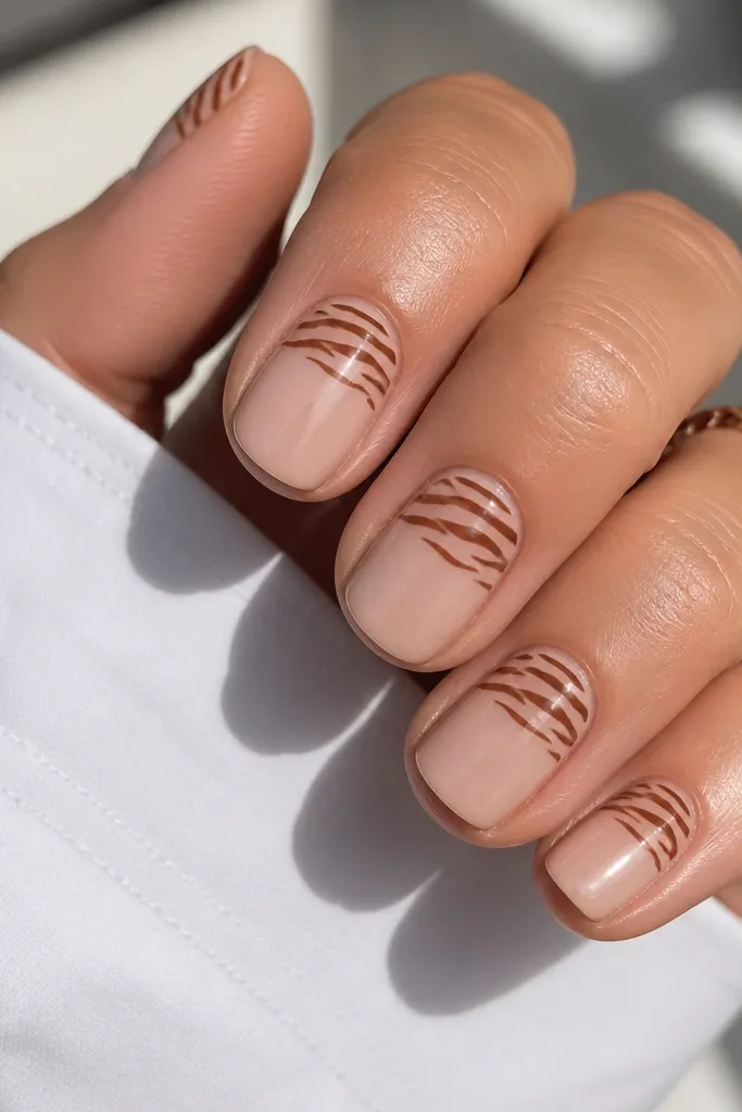 Short nails with a sheer nude base. On each nail, warm brown zebra stripes sit only on the top half of the nail, glossy and neat.