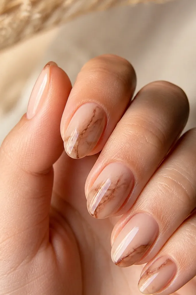 Short nails with a milky nude base. Random thin brown swipes create a marble look, with a glossy, slightly wet shine.
