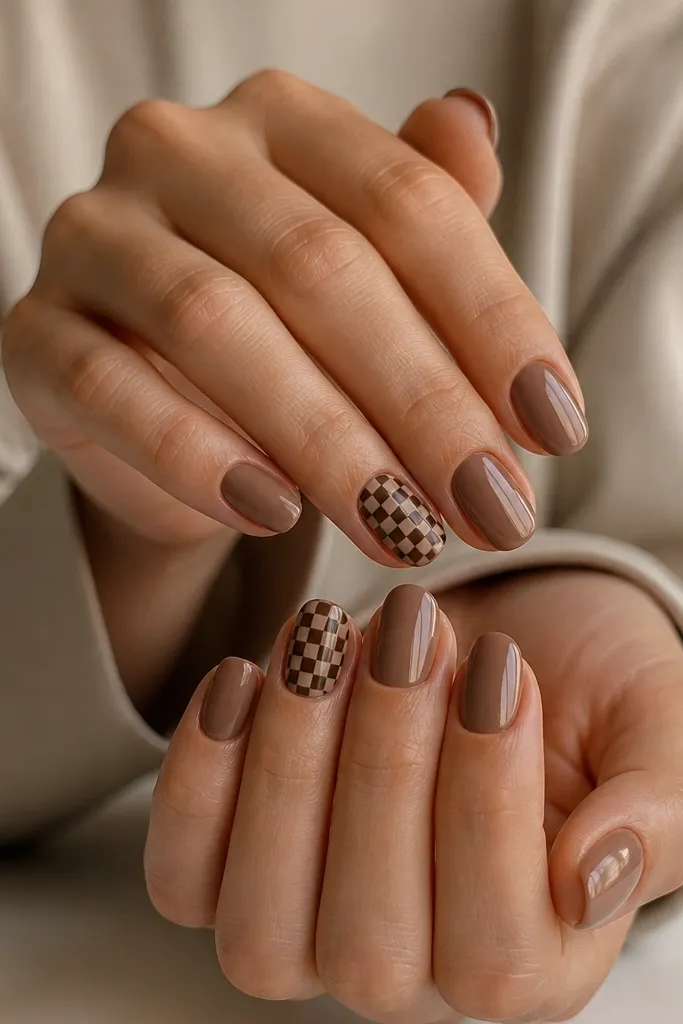 Short nails in solid chocolate brown on most nails. One accent nail has a tiny checkered pattern in lighter taupe and chocolate, glossy.