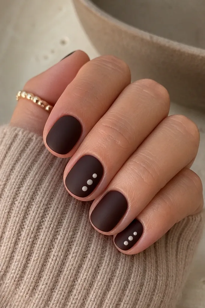 Short nails with a matte espresso-brown finish. One or two nails have a few small glossy white or nude dots that pop against the matte surface.