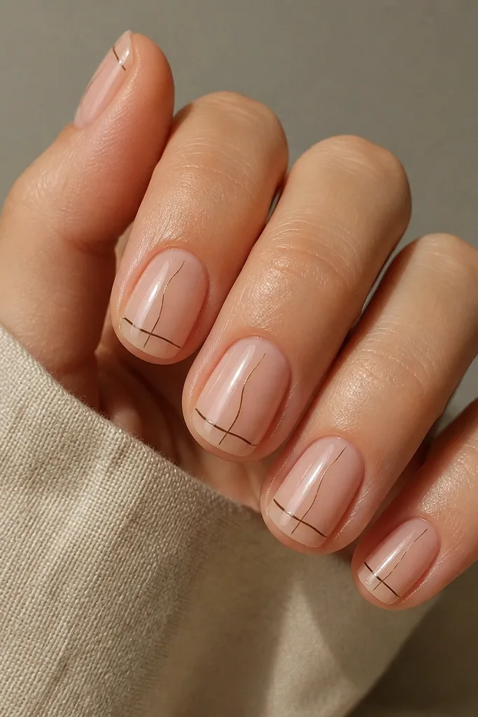 Short nude nails with thin brown hand-drawn lines that look like a sketch. The lines sit near the center and tip, glossy overall.