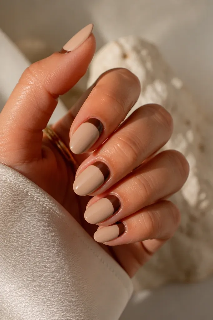 A close-up of short rounded nails with a nude-beige base. The cuticle area has a neat half-moon in deep espresso brown, leaving a clean gap between moon and skin. High gloss top coat reflects light.