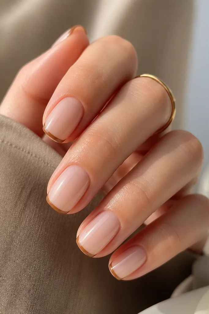 Short squoval nails with a milky nude base. Only the very tips have a thin caramel-brown French line, slightly rounded, with glossy shine.