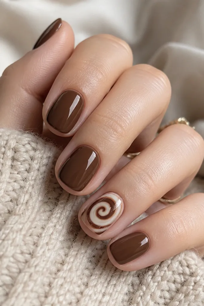 Short rounded nails in a solid warm chocolate-brown. One accent nail has a thin white-brown swirl centered, like a curled ribbon, with glossy finish.