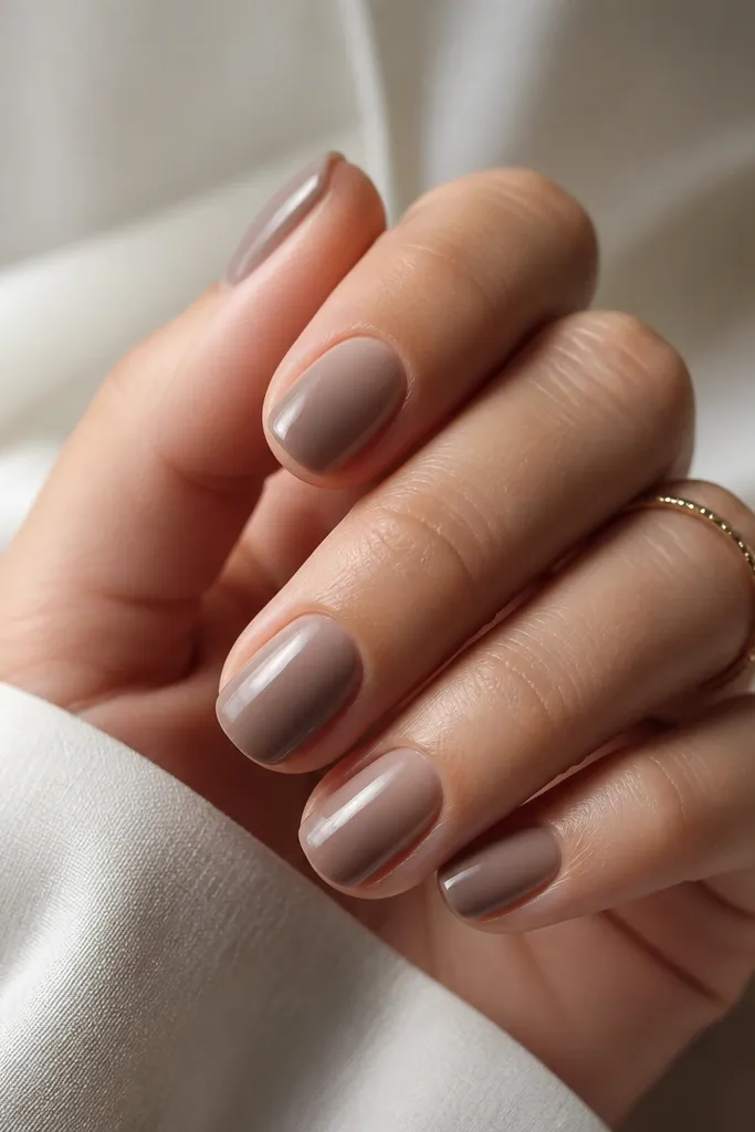 Short nails with a smooth taupe fade. The cuticle area is lighter beige-taupe and gradually deepens to a mid-brown toward the tip. The finish is glossy and even.