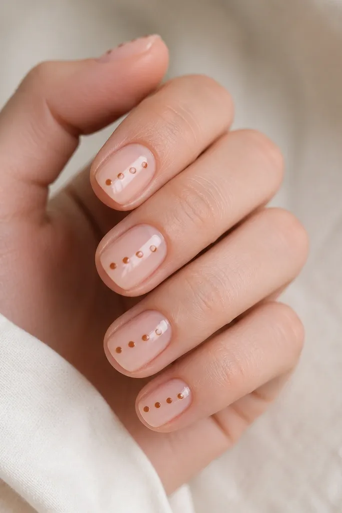 Short nails with a sheer nude base. On each nail, there are small cinnamon-brown dots arranged diagonally from lower left to upper right, spaced evenly. Glossy top coat.