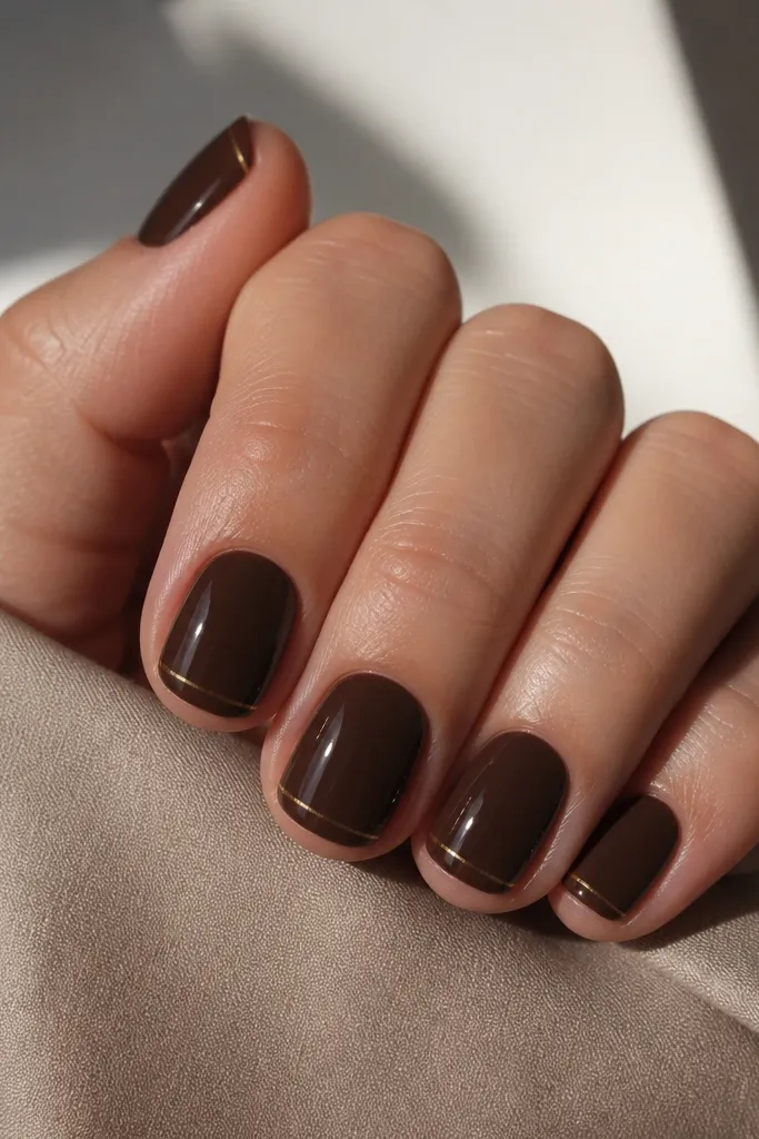 Short rounded nails in solid espresso brown. Each nail has one ultra-thin line near the tip, colored a warm gold-brown, like a pencil stroke. Glossy finish.