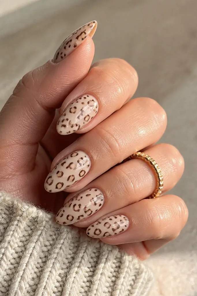 Short nails with a milky caramel base. Each nail has tiny leopard spots in darker chocolate brown, with small curved outlines and dots. Glossy top coat.