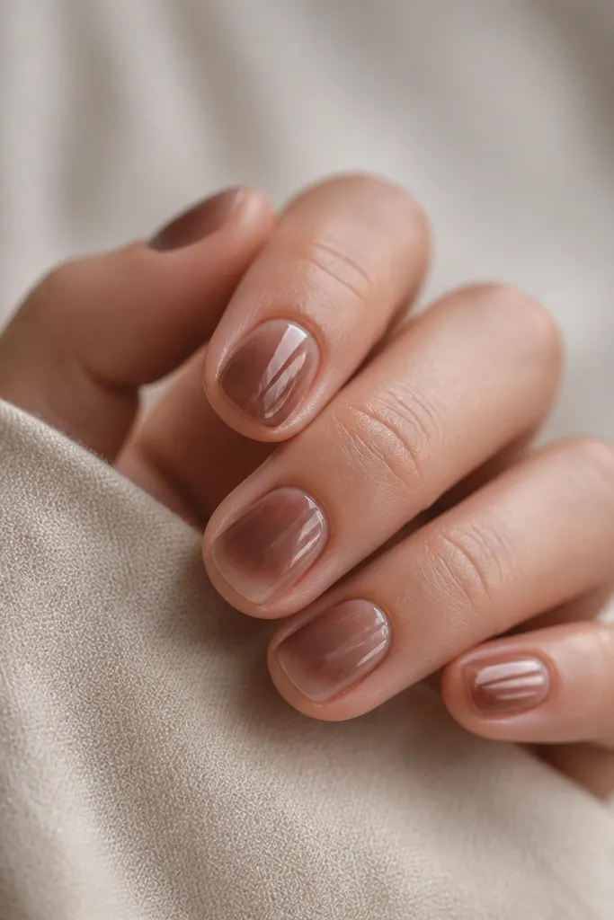 Short nails with a mocha ombre that fades into a translucent jelly layer at the tip. The look is shiny and slightly see-through at the top. Rounded shape.
