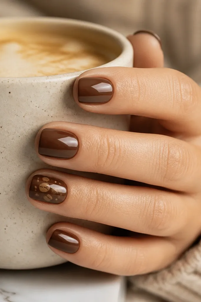 Short nails in warm brown. One accent nail has two tiny oval "coffee bean" shapes and a few small dots, all in lighter caramel-brown. Glossy finish.