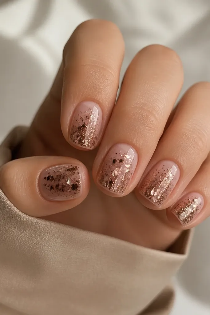 Short square-rounded nails with a nude base. On each nail, brown chrome flakes cluster near the center and toward the tip, with lots of sparkle and a glossy top coat.