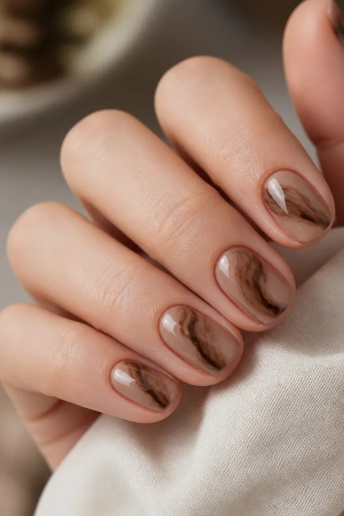 Short nails with a light mocha base. Each nail has a few thick, curved marble swipes in darker espresso brown, with soft veining that fades at the edges. Glossy finish.