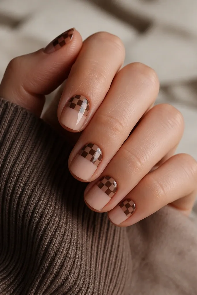 Short nails with a nude base. The top half of each nail has a neat checker pattern in chocolate brown and a slightly lighter cocoa brown. Glossy top coat.