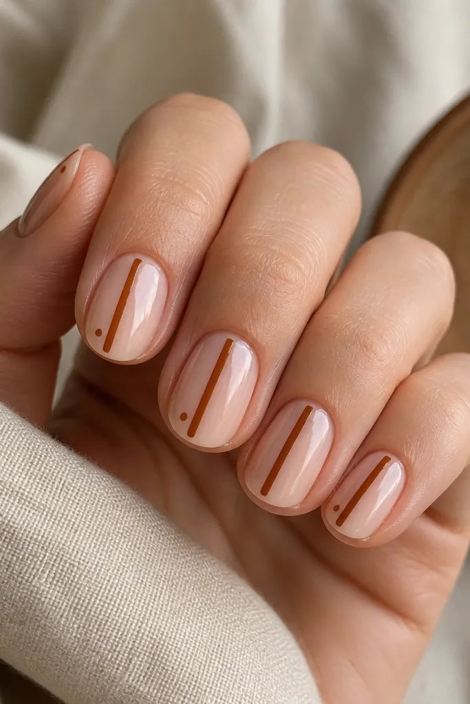 Short rounded nails with a sheer nude base. Each nail has one vertical sienna-brown stripe slightly off-center and a tiny matching dot near the base of the stripe. Glossy finish.