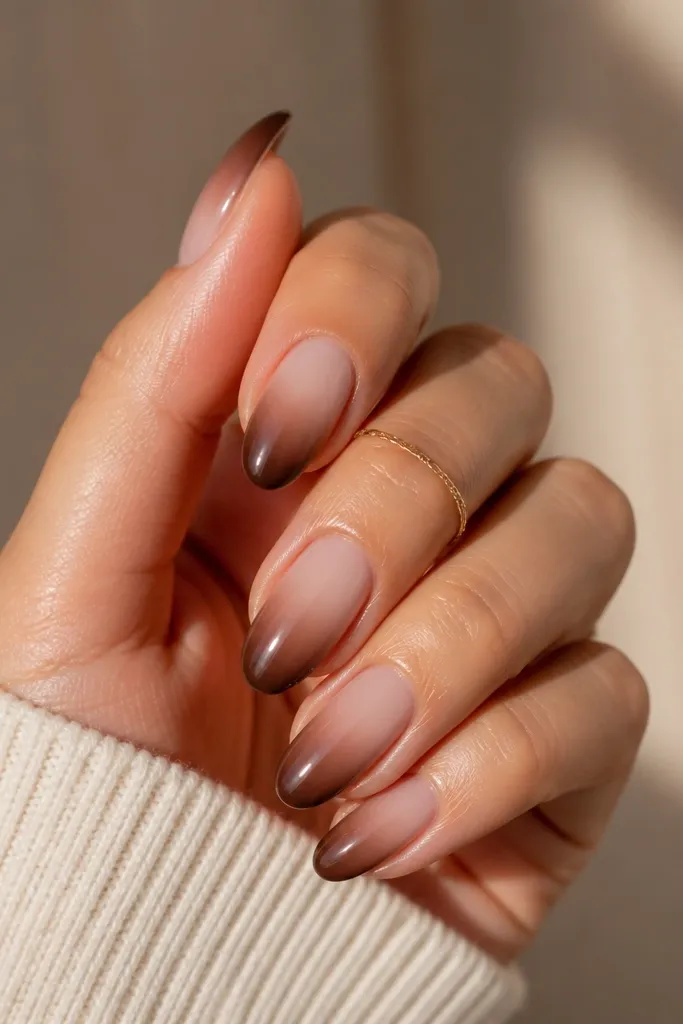 Short nails with a sheer pink base. The tips fade from mid-brown into the sheer layer, creating a soft ombre only at the edge. Glossy finish.