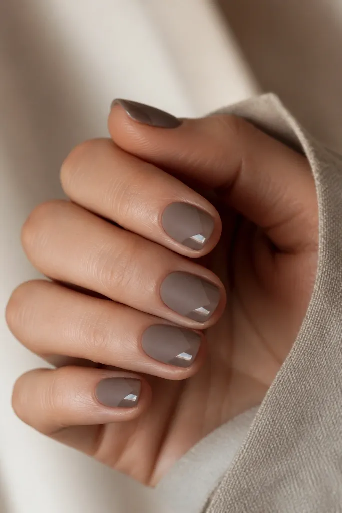 Short nails in matte taupe-brown. At the tip, there's a glossy V shape pointing upward from the free edge. The rest stays matte.