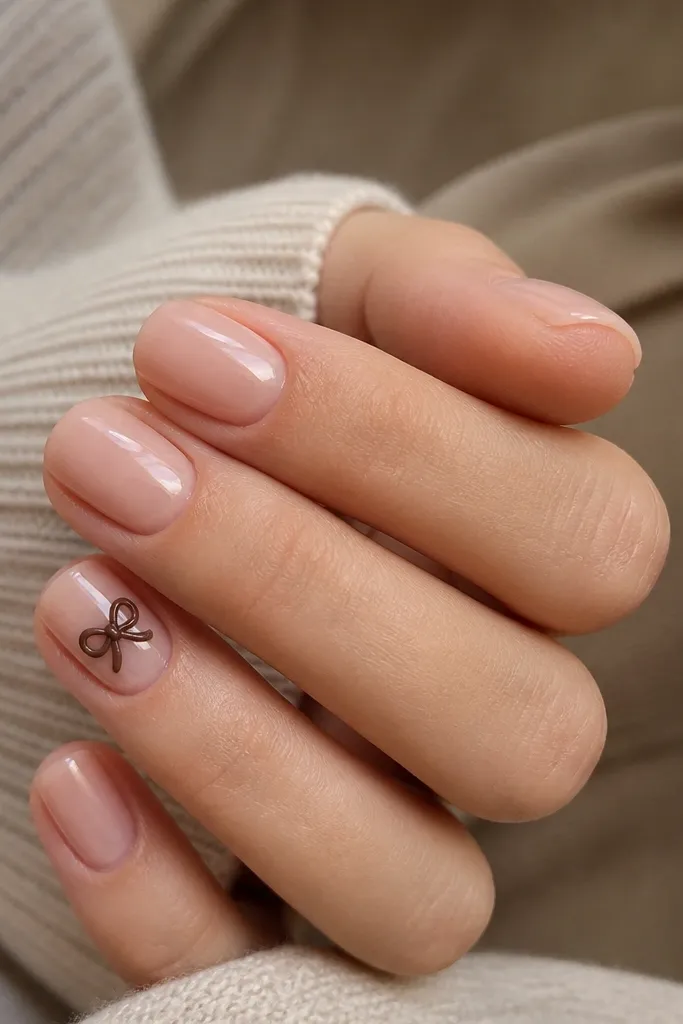 Short nails with a nude base. One accent nail has a small chocolate-brown bow at the center, made with two loops and a tiny knot. Glossy finish.
