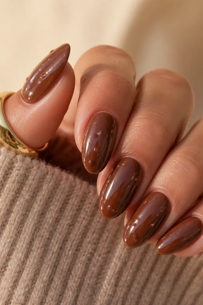 Short nails with a glossy milk-brown base. Each nail has a donut-like ring near the center and small darker brown dot drips below it, all in a glossy finish.