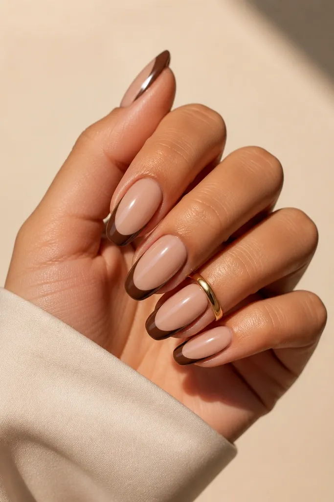 Short rounded nails with a nude base. The tips have an outline in espresso brown, like a thin border, with the inside left nude. Glossy top coat.