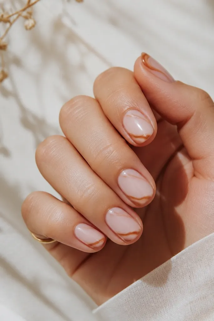 Short nails with a nude base. Near the tip, there are caramel-brown swirl strokes on only one side, leaving clear negative space in the center. Glossy finish.