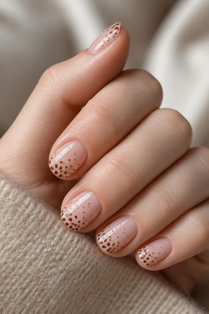Short nails with a sheer nude base. Polka dots in different brown shades fade from denser near the tip to sparse near the cuticle. Glossy finish.