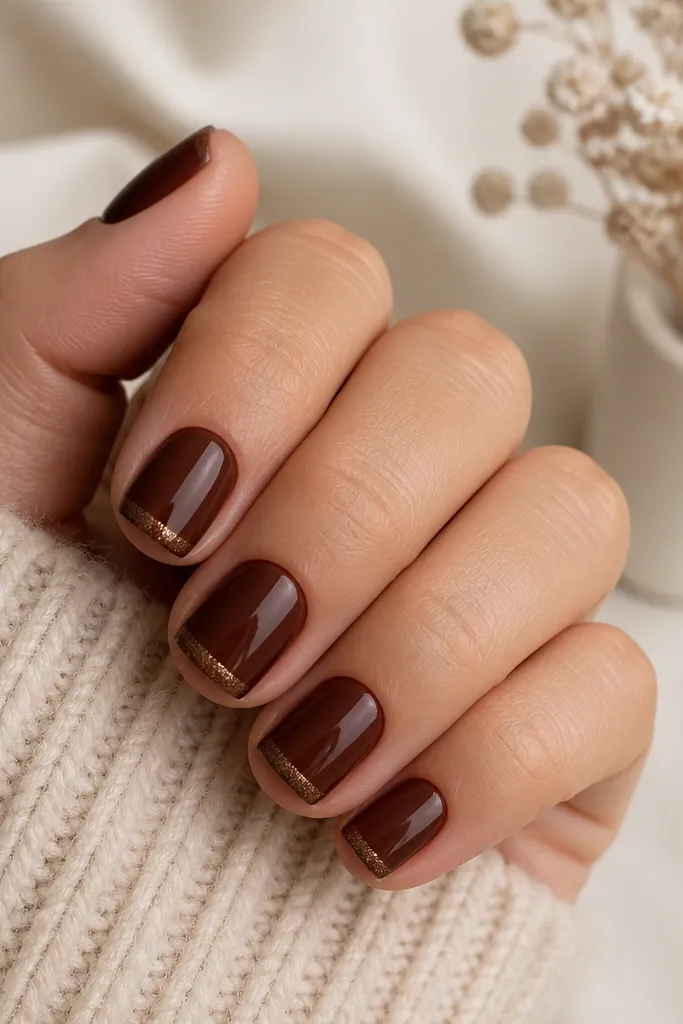 Short nails with a solid chocolate-brown base. A thin strip of brown glitter runs exactly along the free edge like a glitter border. Glossy top coat over the glitter.