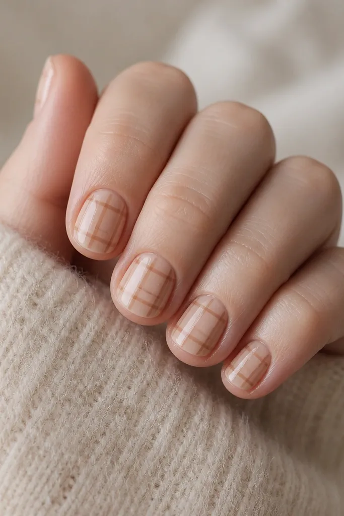 Short nails with a nude base. Each nail has a mini plaid pattern in toffee brown and slightly darker caramel, made with thin horizontal and vertical lines forming small squares. Glossy finish.