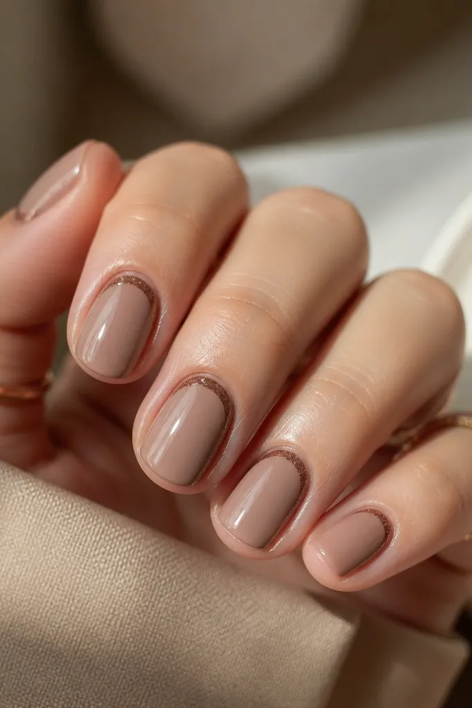Short nails with a soft mocha nude base. Around the cuticle, there's a thin shimmering brown frame that curves like a border, with a glossy finish.