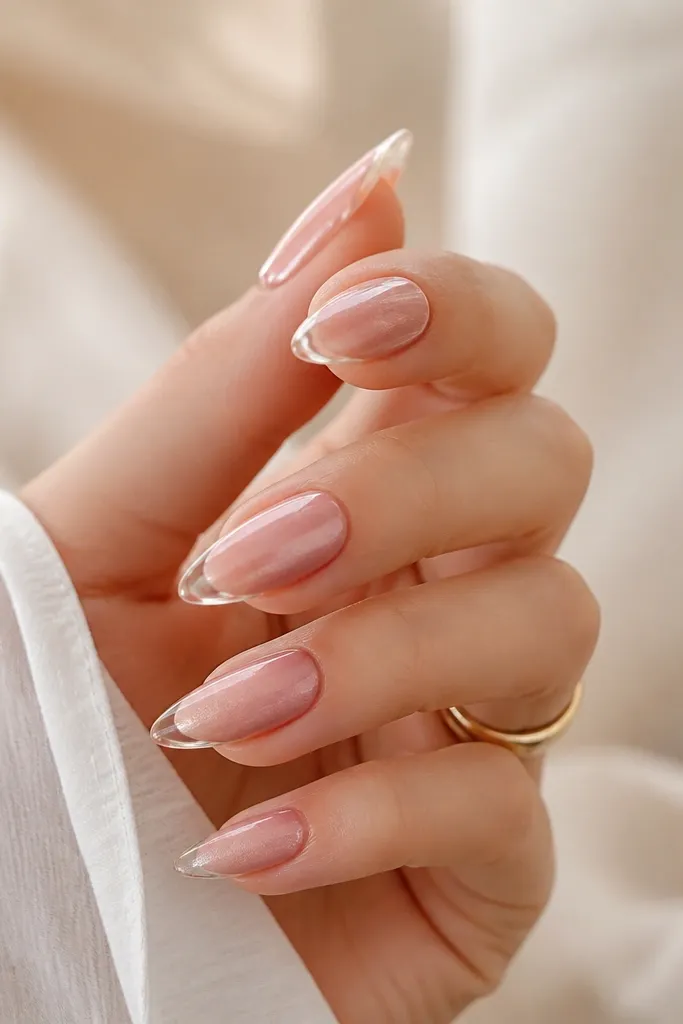 Short stiletto nails in a soft satin rose pink. The tip has a glossy clear cap that looks like a shiny glass edge, creating a two-texture look.