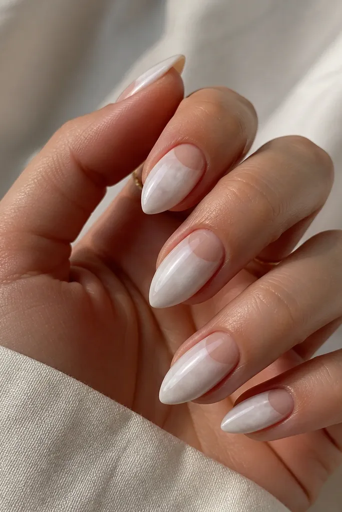 Short stiletto nails with a milky white 'cloud' base. A nude reverse French curve sits near the cuticle, leaving a clean crescent at the top. Glossy finish.