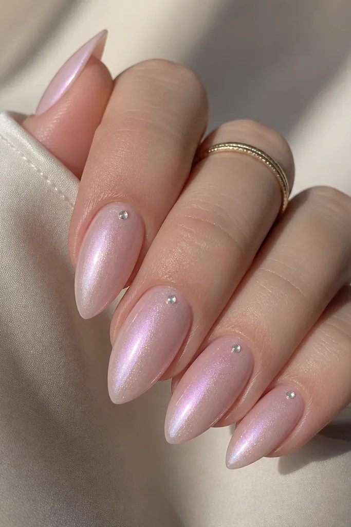 Short stiletto nails in pearl pink shimmer. On each nail, a tiny dot of fine micro glitter sits just above the center cuticle area. Glossy top coat.
