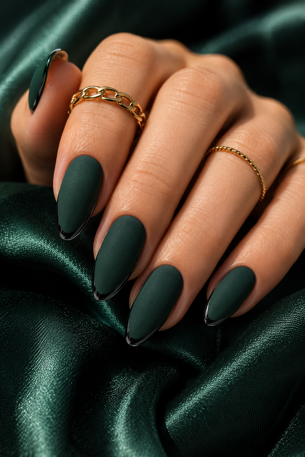 Short stiletto nails painted deep emerald green with a velvet matte finish. A thin glossy edge outline traces the free edge, like a shiny frame.