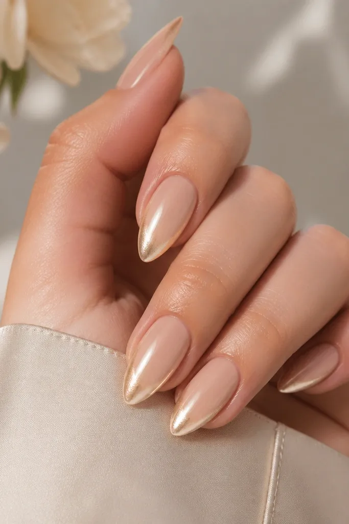 Short stiletto nails in a champagne nude. A soft luster sweep runs diagonally from the lower side of the nail to the tip, like a pale gold highlight. Glossy.