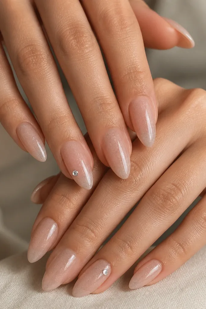 Short stiletto nails in a nude base with fine silver micro-sparkle. On one nail per hand, a single small rhinestone sits near the side of the nail, angled toward the tip. Glossy.