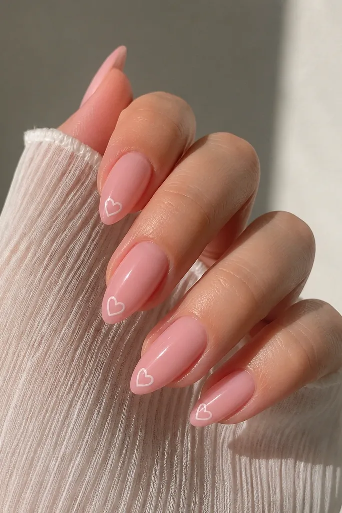 Short stiletto nails painted blush pink. On each nail, a small white outline heart sits near the tip point, with the heart outline hollow inside. Glossy finish.