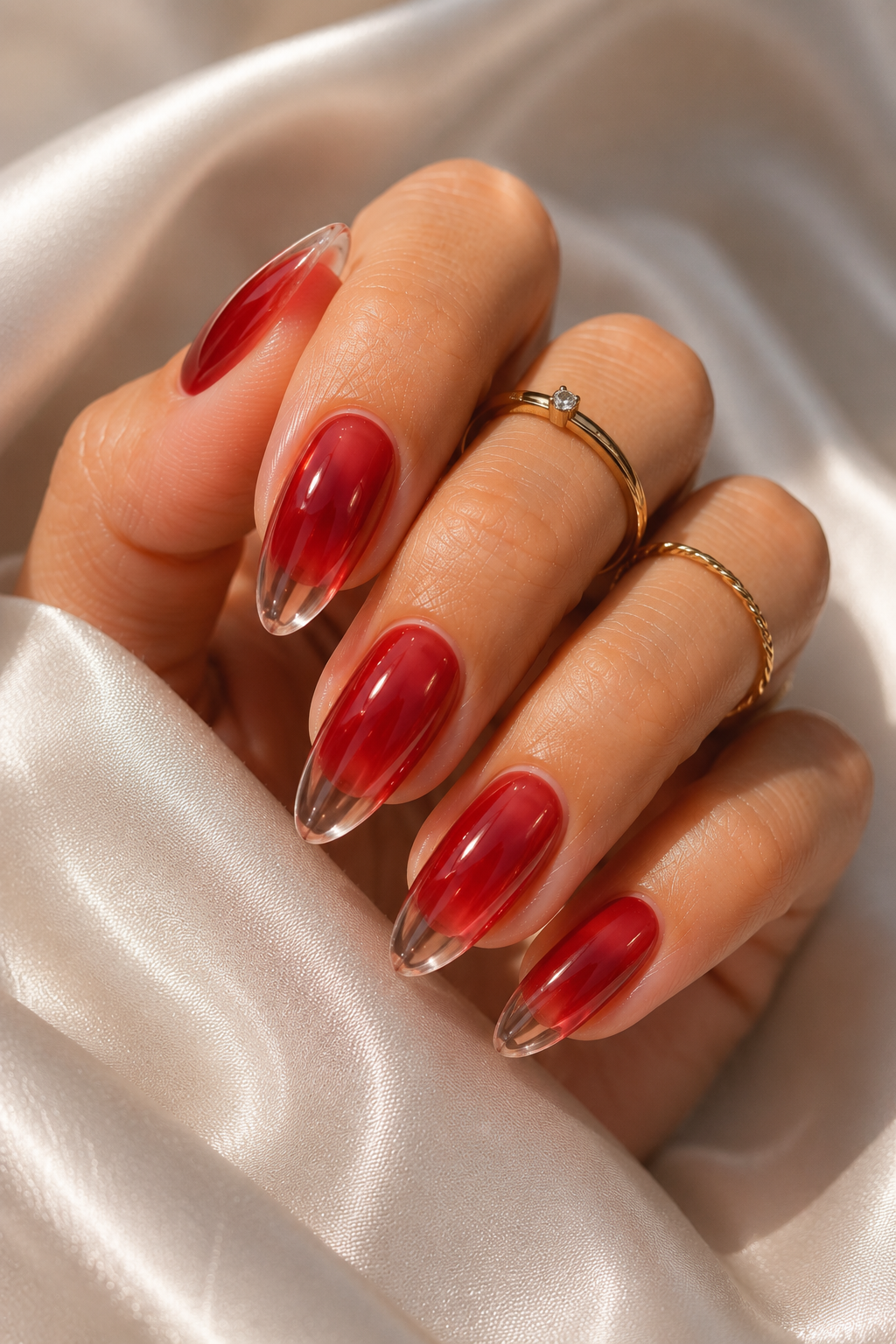 Short stiletto nails painted a translucent cherry-red jelly. The center of each nail looks slightly more saturated than the edges. The very tip has a subtle clear-glow look, like a glossy highlight.