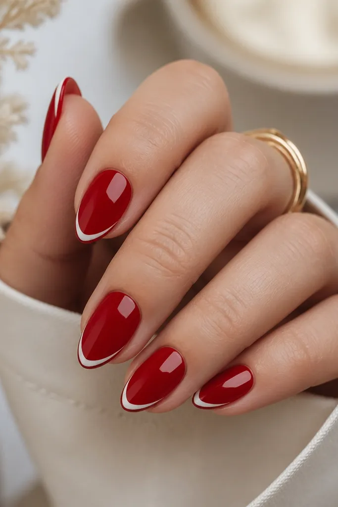 Short stiletto nails with a red base. Near the tip there's a thin white French line following the smile curve, with a crisp edge and glossy finish.