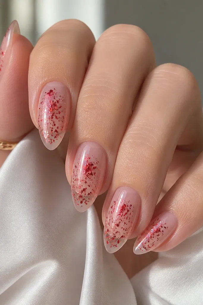 Short stiletto nails with a clear-to-jelly base. Tiny red foil flakes are scattered mostly in the center and taper toward the tip. The nails look glossy and dimensional.