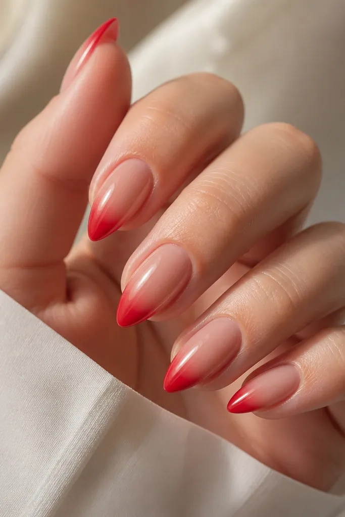 Short stiletto nails with a nude pink base. The tip fades into red ombré, darkest at the very point and lighter toward the middle. Glossy finish.