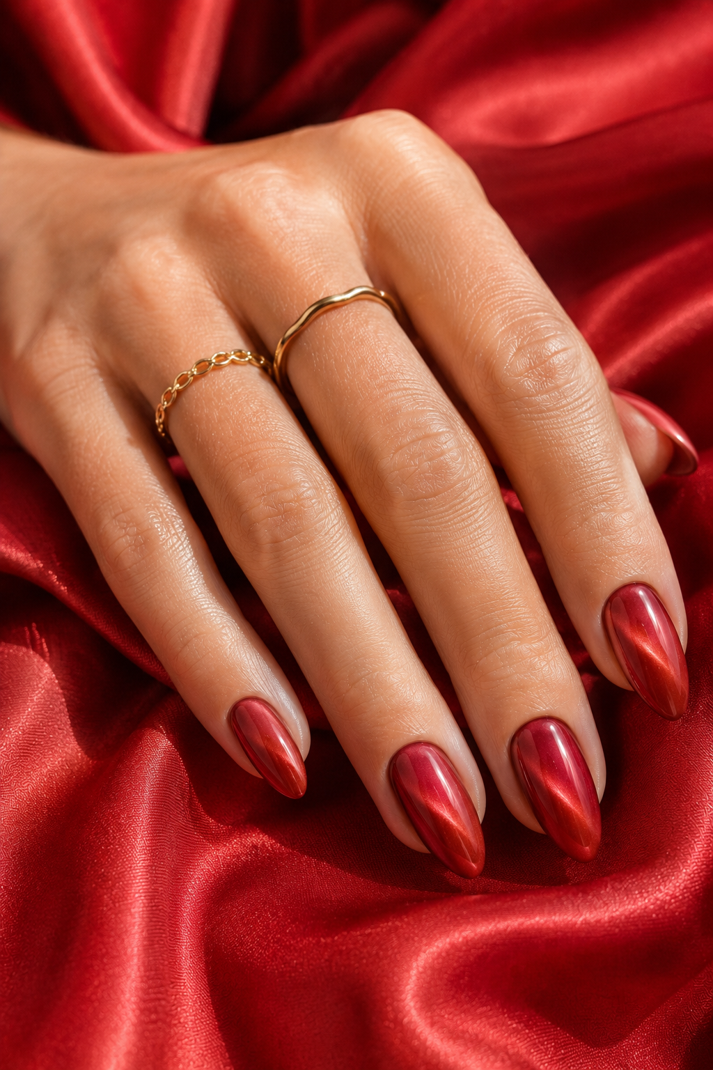 Short stiletto nails with a soft satin red finish. One or two nails have a pale highlight swirl through the center, like a satin streak. Other nails are solid satin red.