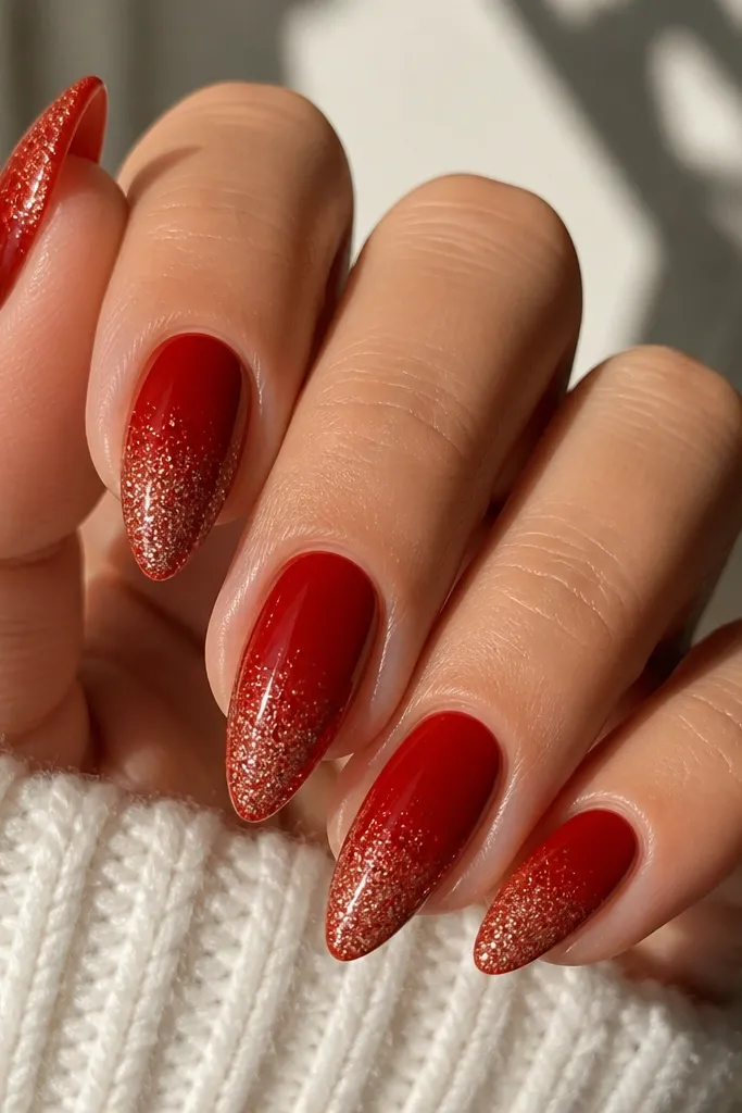 Short stiletto nails with a solid red base. The tip has a soft glitter gradient - densest at the point, fading down toward the middle. Glossy topcoat.
