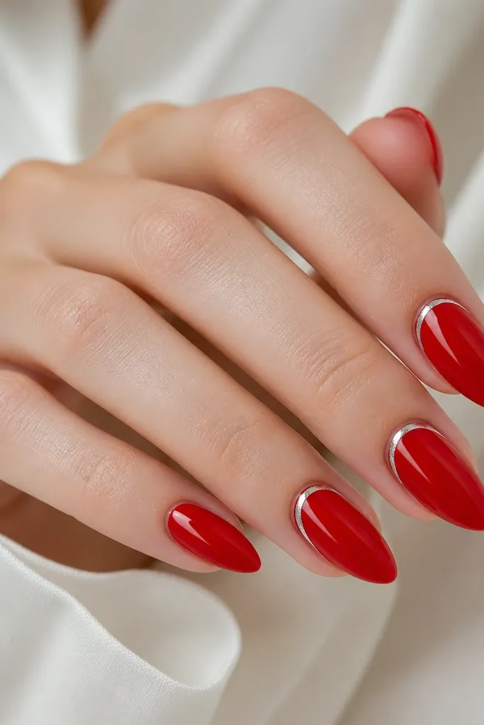 Short stiletto nails glossy red. On one or two nails there's a thin silver crescent along one side near the cuticle, like a small moon. Clean edges, high shine.