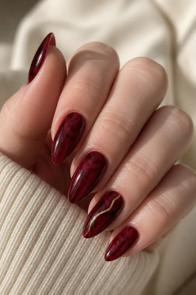 Short stiletto nails with deep red marble swirls. On the ring finger there's a gold veil line that follows a marble vein. Glossy topcoat with smooth, domed look.