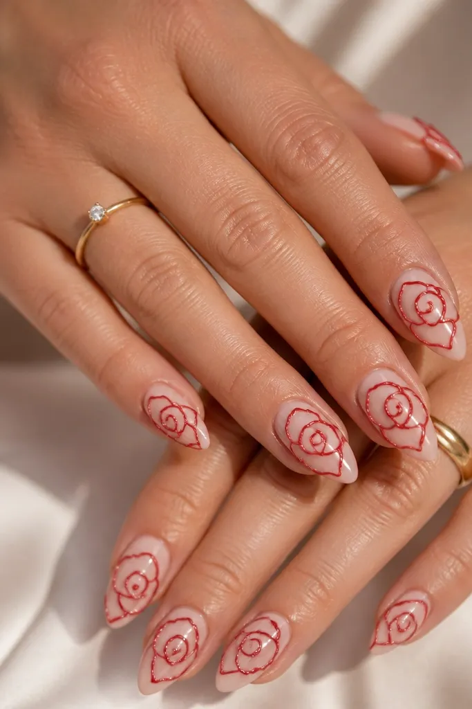 Short stiletto nails with nude base. A red outline rose sits on each nail, with the rose petals filled only by the nude color. The red outline looks slightly raised and the finish is glossy.