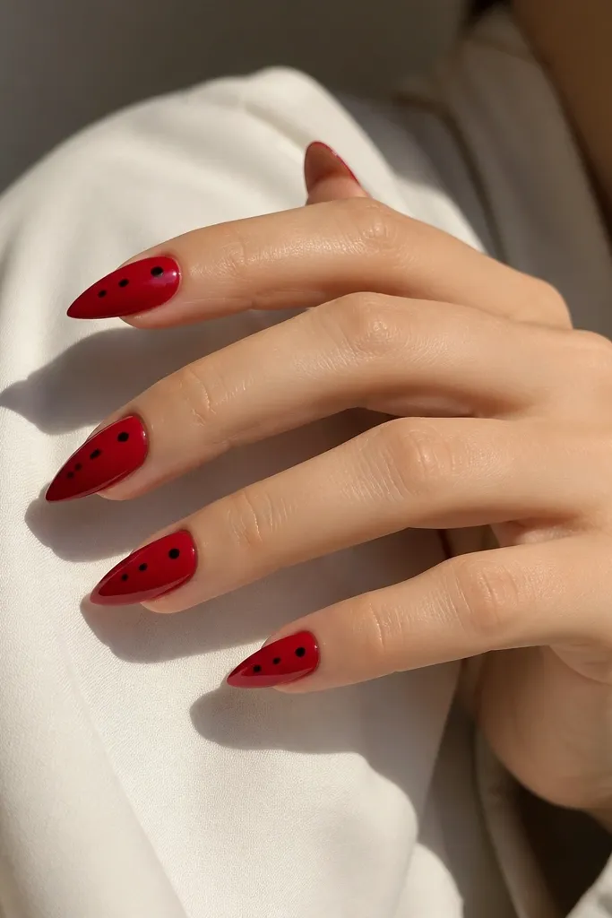 Short stiletto nails in glossy crimson red. Each nail has one or two tiny black dots placed near the cuticle and mid-length. The dots are crisp circles.