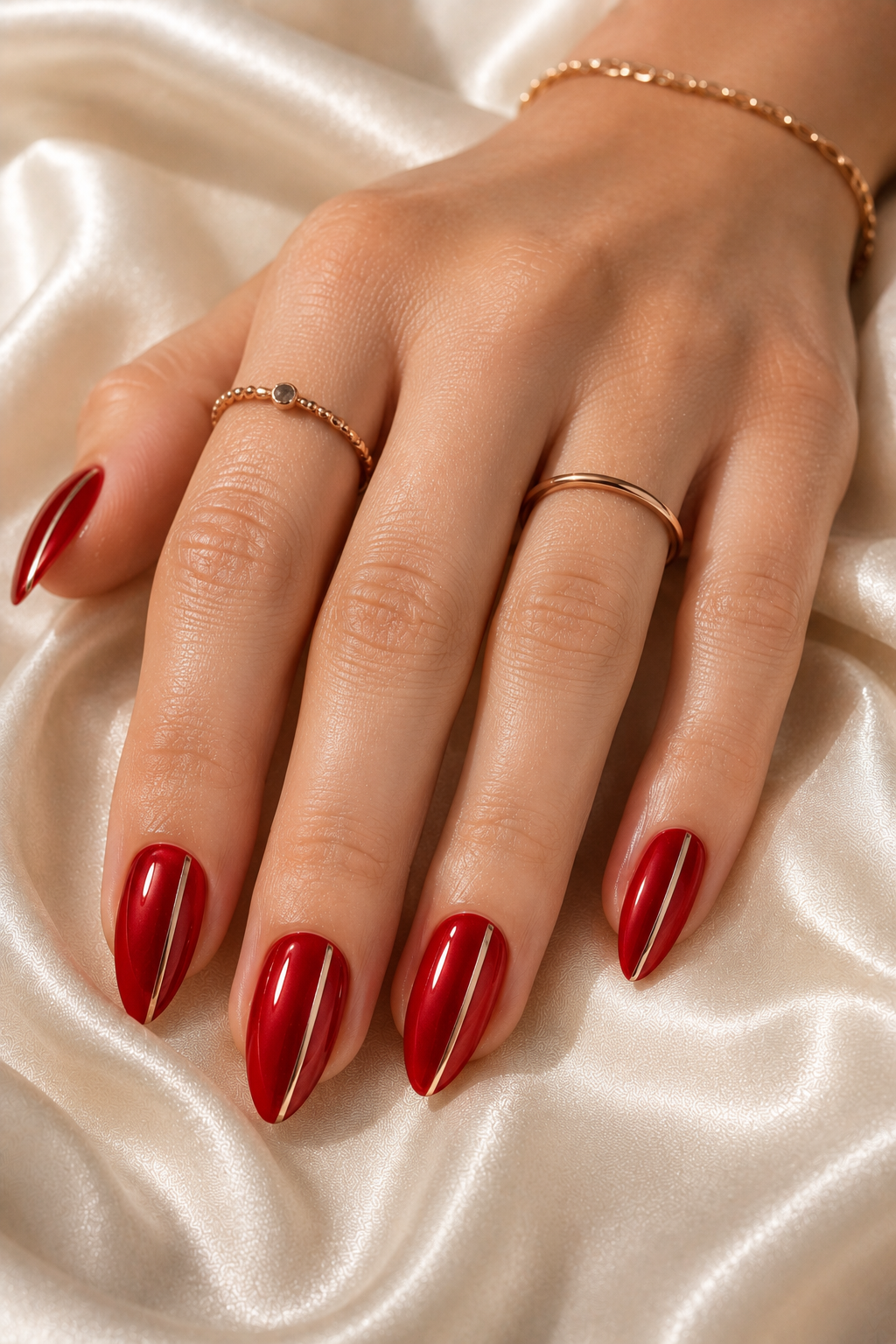 Short stiletto nails painted glossy red. On one nail per hand there is a thin rose gold bar running vertically along one side of the nail, from mid-length to near the tip. Clean and reflective.