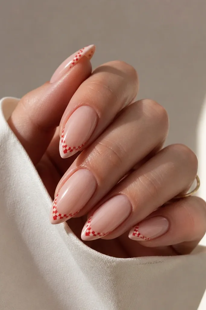 Short stiletto nails with a nude base. A tiny checker micro pattern appears near the tip and sides, alternating red and nude squares. Glossy finish, sharp edges.