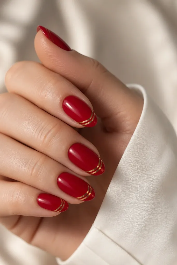 Short stiletto nails in classic glossy red. Near the tip there are two thin gold lines running parallel, with a tiny gap between them. The lines curve with the nail shape.