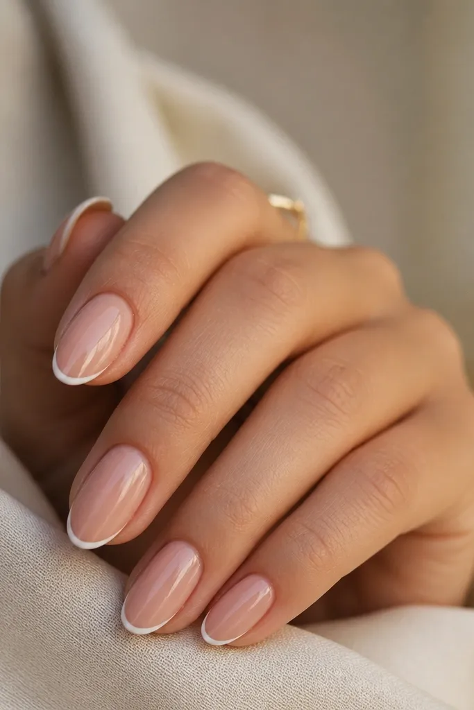 Five short nails with sheer pink nude bases. Each nail has a very thin white French tip line, centered and slightly arched, with crisp edges and a glossy finish.
