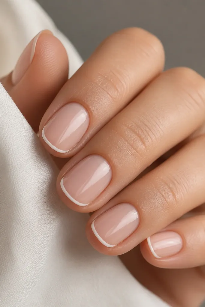 Short nails with milky nude bases. A single thin white curved line sits at the free edge like a smile, with the rest of the nail bare except glossy top coat.